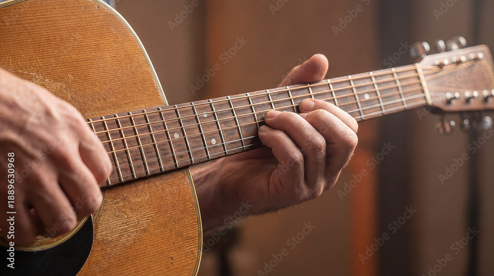 Fototapeta premium Man’s Hand Playing Guitar Close Up Music Performance Concept