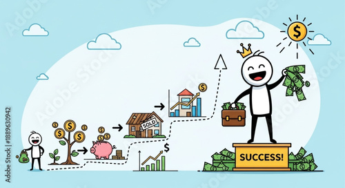 Man celebrates financial success and wealth accumulation on a journey.