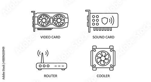 Computer hardware components in minimalist line art style with black lines on white background for tech illustration