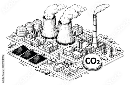 Hand drawn isometric line art illustration of an industrial power plant complex depicting carbon dioxide emissions for environmental impact and energy production