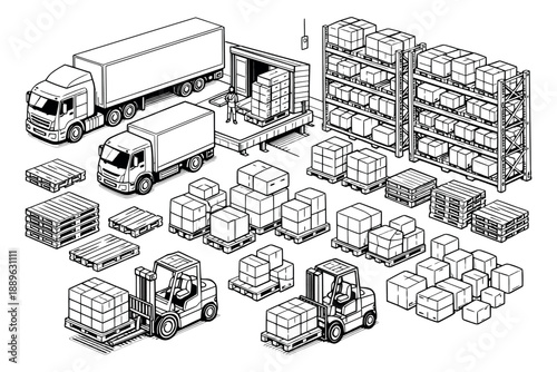 Hand drawn isometric line art delivery and logistics set featuring trucks, forklifts, boxes, pallets, and shelves for efficient supply chain management