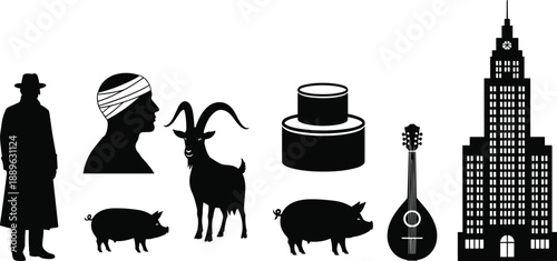 Black silhouette icon set featuring man in coat, bandaged head, goat, pig, cake, mandolin, and skyscraper