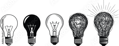 Set of Creative Light Bulb Vectors Showing Idea Evolution From Simple Outlines to Glowing Scribble Concepts for Brainstorming And Innovation.