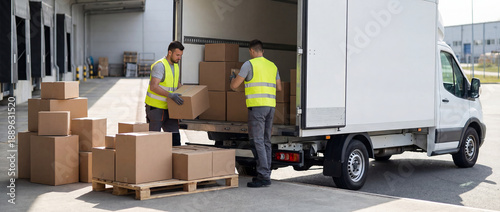 Two Workers Loading Cardboard Boxes into Delivery Truck