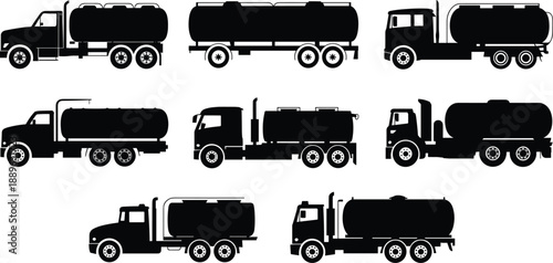 Tanker truck silhouette set, fuel transport vehicles collection, oil and gas delivery fleet, black vector transportation illustration, isolated