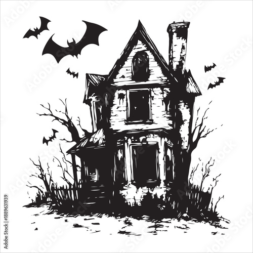 Silhouette Halloween house with bats flying around it and a pumpkin on the ground isolated on white background. 