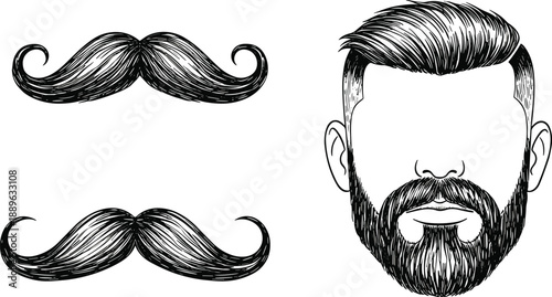 Black and white illustration of stylish mustaches and modern beard hairstyle—ideal for grooming, fashion, barbershop branding, and male facial hair design concepts.