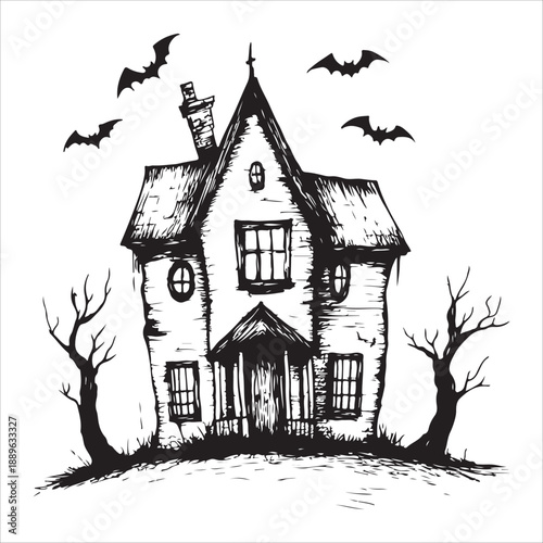 Silhouette Halloween house with bats flying around it and a pumpkin on the ground isolated on white background. 