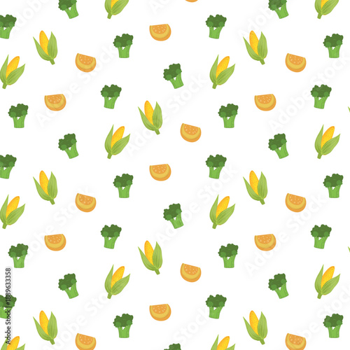 Vibrant seamless pattern of fresh broccoli, sweet corn, and colorful vegetable slices. Perfect for promoting healthy eating, nutrition, and cheerful culinary themes