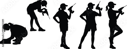 Silhouettes of individuals using power drills in varied working poses, representing manual labor, tool handling, and construction or DIY activity with confident posture.