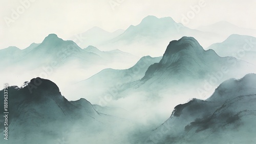 Misty Mountain Range Ink Wash Painting