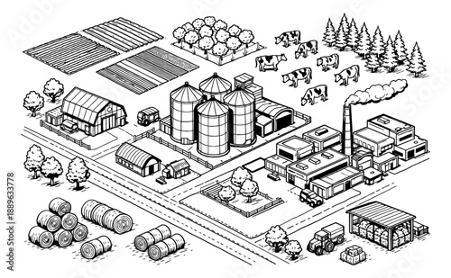 Isometric hand drawn line art illustration of a rural and industrial area depicting agricultural and industrial processes for economic concepts
