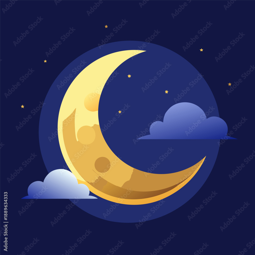 Fototapeta premium Ramadan Crescent Moon in Natural Night Sky with Soft Glow, Minimal Islamic Vector Background