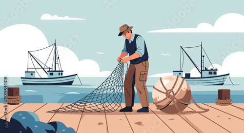 Fisherman mending fishing net on a wooden dock.