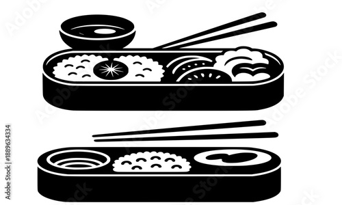 Japanese bento box black silhouette vector, traditional lunch meal icon illustration, minimal solid food design, isolated on white background