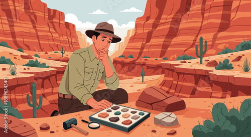 Geologist examining rock samples in a desert landscape.