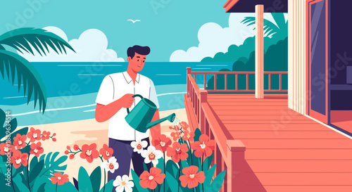 Man watering flowers in a tropical garden.