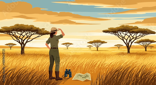 Woman explorer in safari outfit with hat binoculars and map.
