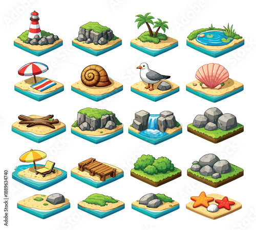 Cartoon isometric nature and beach elements set featuring a lighthouse, palm trees, rocks, shells, and a seagull for game design