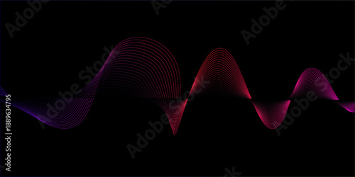 Neon sound wave on black background. Abstract flowing wavy dot lines design for ai concept, eq equalizer,