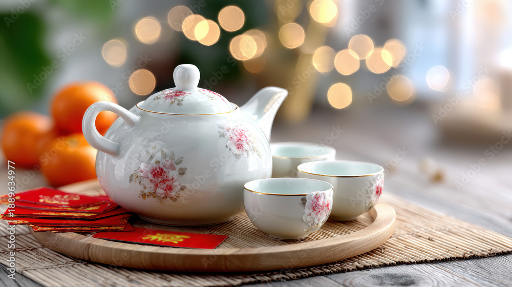Fototapeta premium Chinese new year celebration with porcelain teapot and traditional tea set