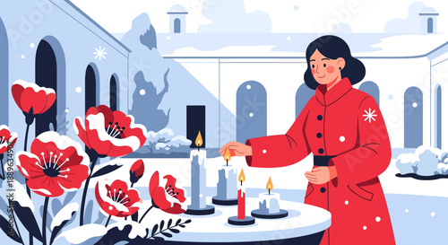 Woman in red coat lighting candles in a snowy setting.
