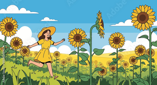 Woman in yellow dress and hat running through a sunflower field.
