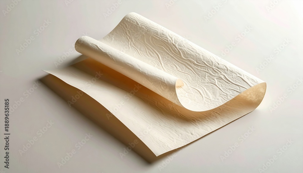 Fototapeta premium Close-up of Artisanal Folded Paper with Natural Textured Pattern, Rolled and Unfurled