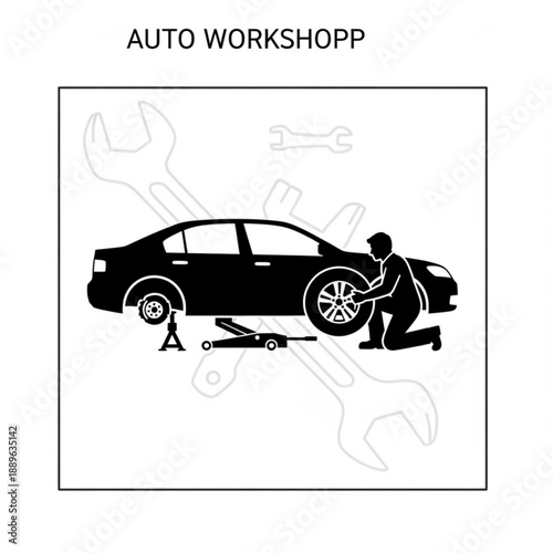 Mechanic repairing car wheel in an auto workshop with various tools nearby