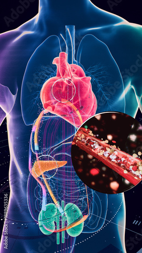 Cardiometabolic CKM Syndrome 3D Visualization: Integrated Heart, Kidney, and Pancreatic Health with 4D Flow MRI Data Overlays. A hyper-realistic 3D medical visualization 