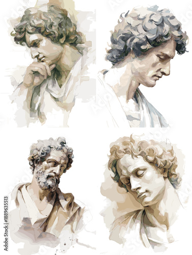 Watercolor inspired portraits of classical marble sculptures with expressive faces, blending fine art tradition and soft painterly illustration style.