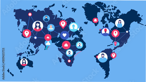 Global network connecting people with map pins and profile icons