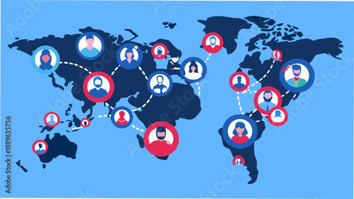 Global network of connected people illustrated on a world map
