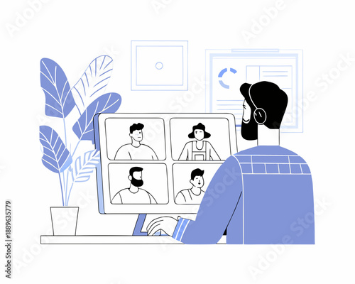 Man participates in a video conference call while working from home