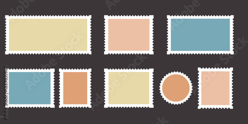 A set of colored blank postage stamps on a dark background. Retro-style frames. Isolated text areas. Vector.