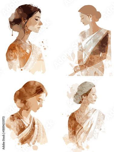 Soft watercolor style female portraits with elegant poses and gentle tones, blending minimalist illustration with artistic fashion inspired aesthetics.