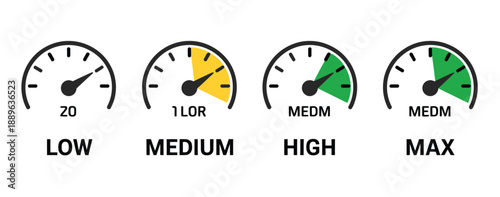 Analog speed level indicators set, featuring low, medium, high, and max dashboard gauge icons with colorful infographic dials for energy and performance measurement designs.