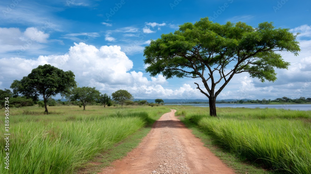 Fototapeta premium Dirt road winding through green savanna landscape