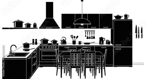 Modern Kitchen Interior Design Silhouette Black and White.
