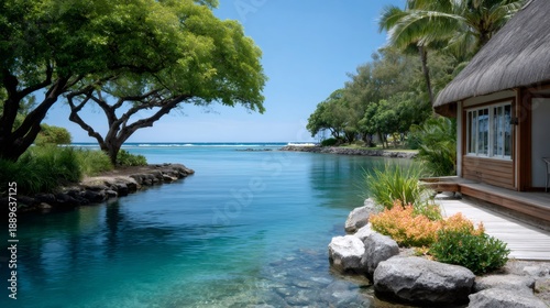 Tropical resort lagoon with thatched roof bungalow