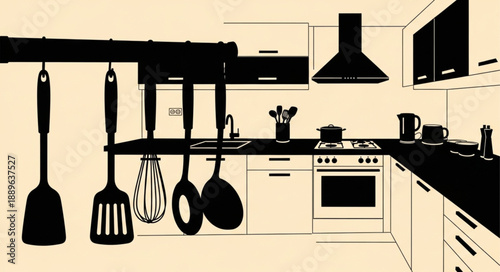 Modern Kitchen Interior Design Silhouette Style.