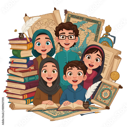 Family Reading Together with Books and Maps