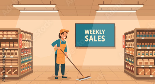 Dedicated female cleaner diligently mops the floor in a supermarket aisle.