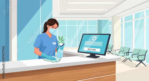 Female nurse in mask and gloves cleaning hospital reception desk.
