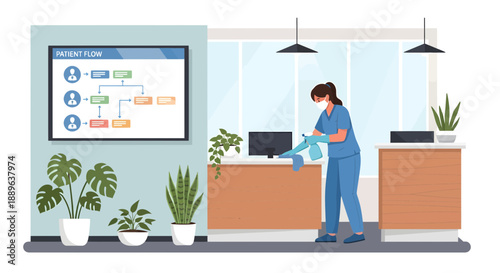 Female cleaner disinfecting office desk for hygiene and safety.