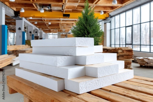Insulating material boards stacked with evergreen plant in warehouse