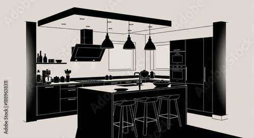 Modern Kitchen Design Rendering With Island and Pendant Lights.
