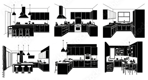 Modern Kitchen Designs Black And White Silhouettes.