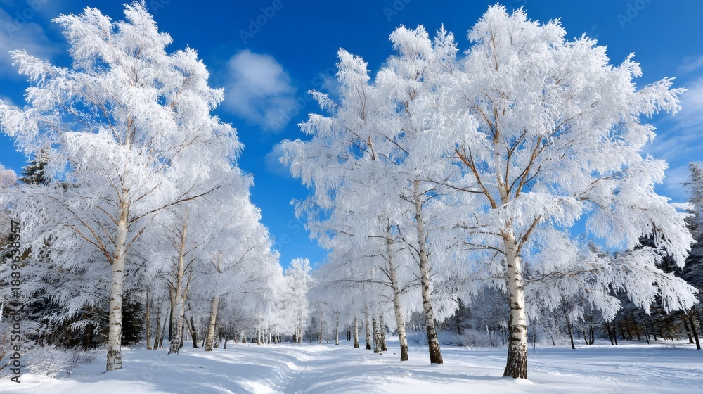 Obraz premium Birch trees standing in winter landscape with rime ice