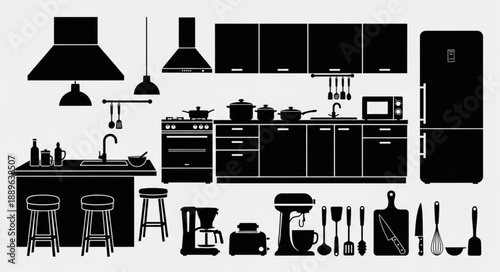Modern Kitchen Interior Design Elements Silhouette Collection.